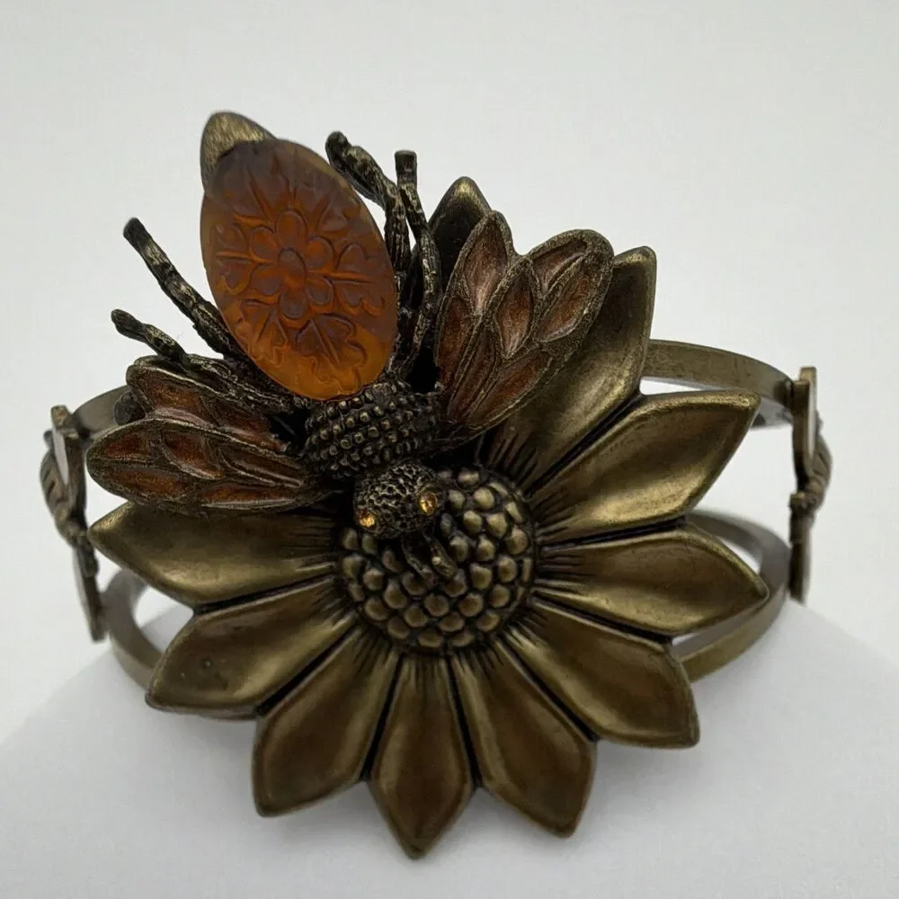Bronze Tone Flower Bee Hinged Cuff Bracelet Metal